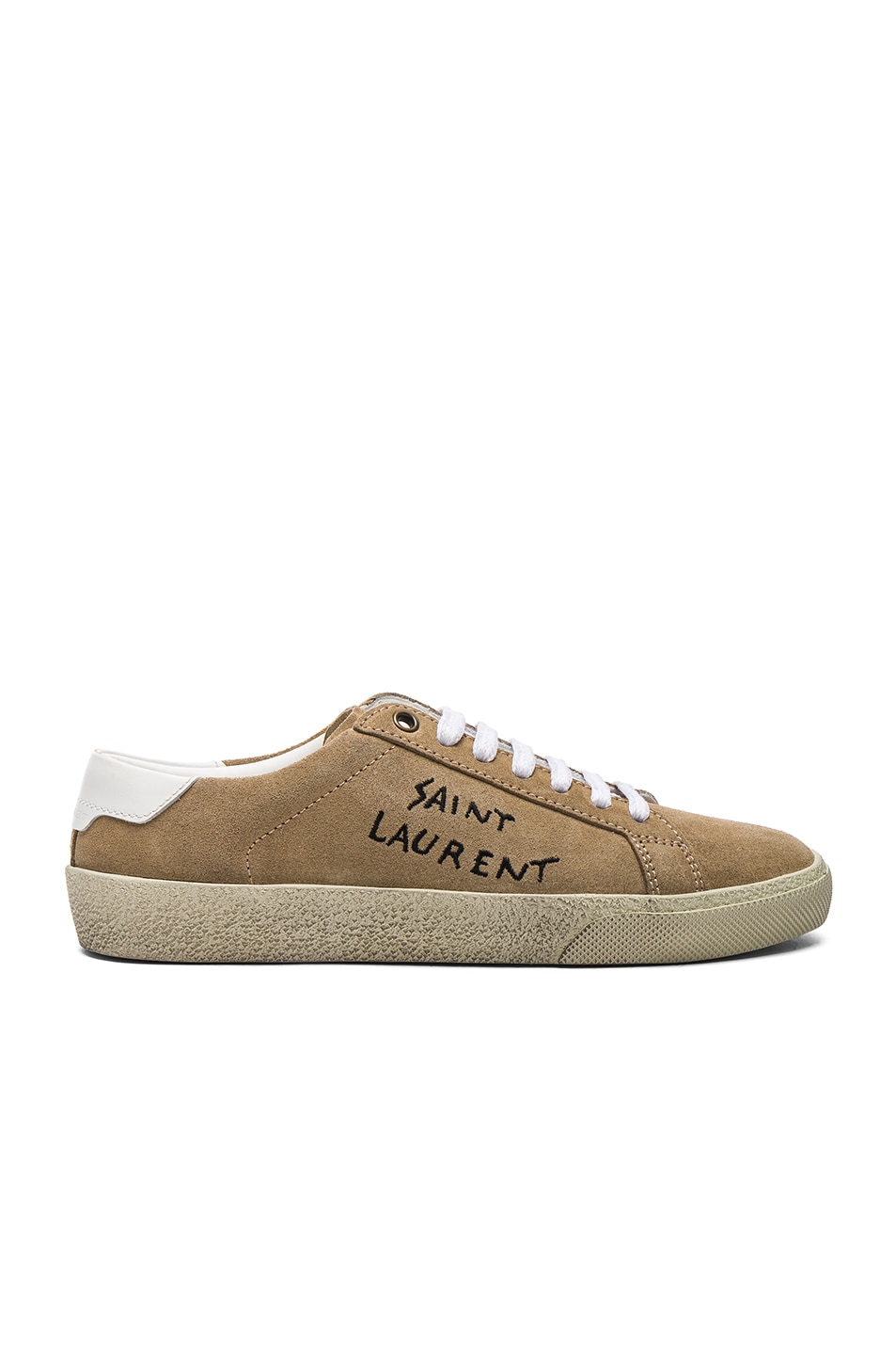 Image 1 of Saint Laurent Embroidered Suede Court Classic Sneakers in Desert & Optic White