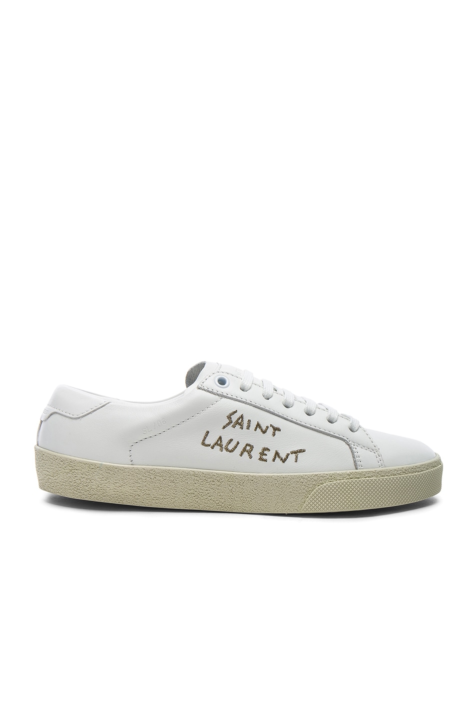 Image 1 of Saint Laurent Leather Court Classic Metallic Embroidery Sneakers in Optic White & Gold