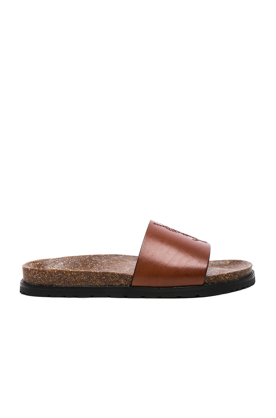 Saint Laurent Embroidered Leather Joan Slides in Caramel | FWRD