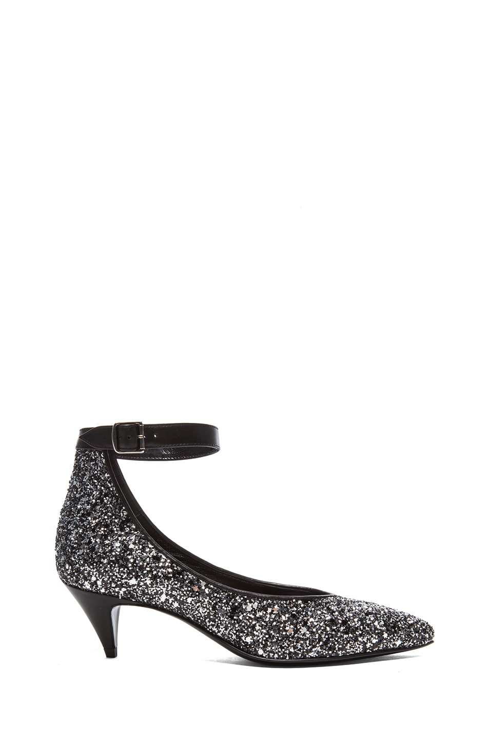 Image 1 of Saint Laurent Kitten Glitter Ankle Strap Heels in Black & Platinum