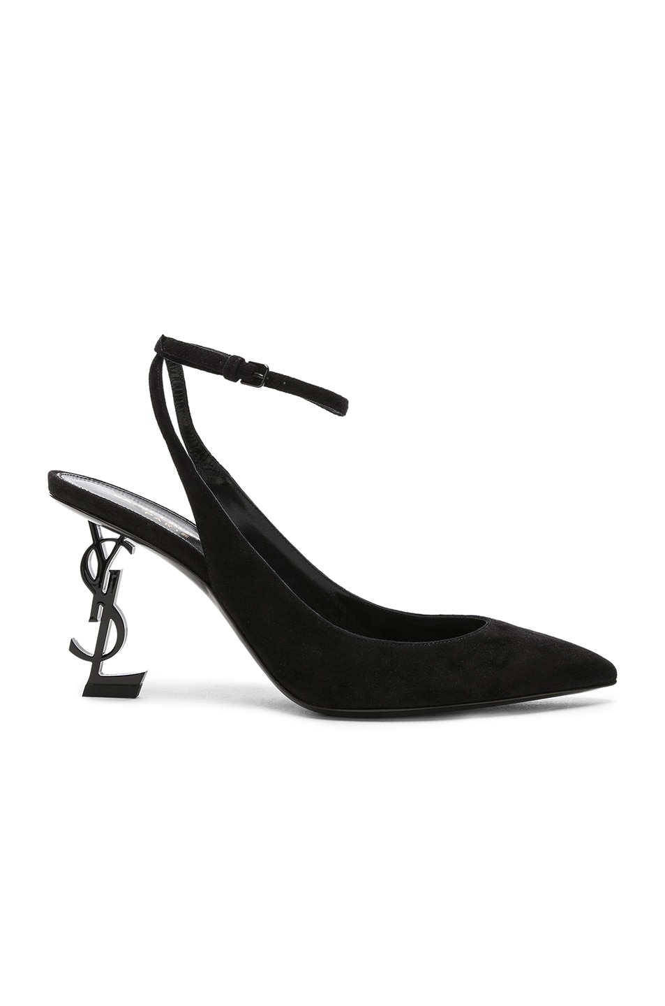 Image 1 of Saint Laurent Suede Opyum Monogramme Ankle Strap Pumps in Black & Black