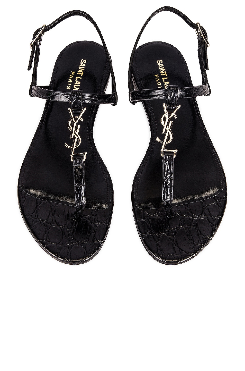 Image 1 of Saint Laurent Cassandra Embossed Croc Flat Sandals in Noir