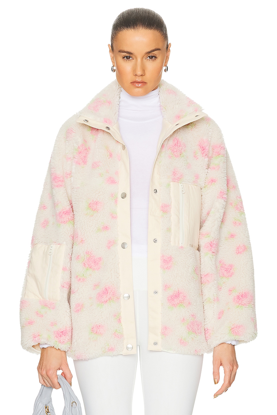Image 1 of Sandy Liang Panda Fleece Zip Jacket in Pink Multi