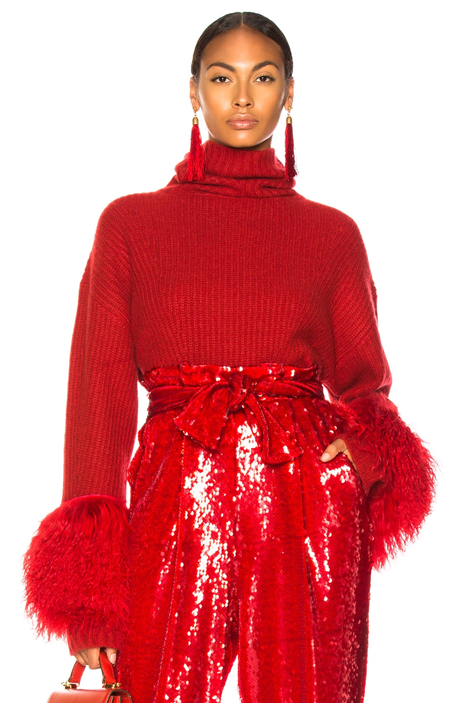 Image 1 of Sally Lapointe Cashmere Turtleneck Sweater With Lamb Shearling in Deep Red