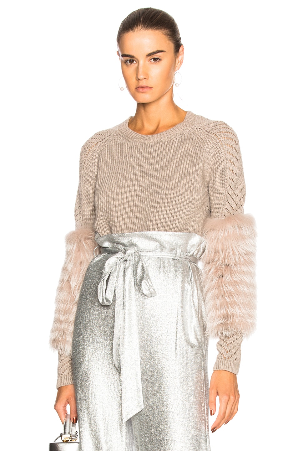 Image 1 of Sally Lapointe Cashmere Sweater with Lavender Fox Fur in Drift