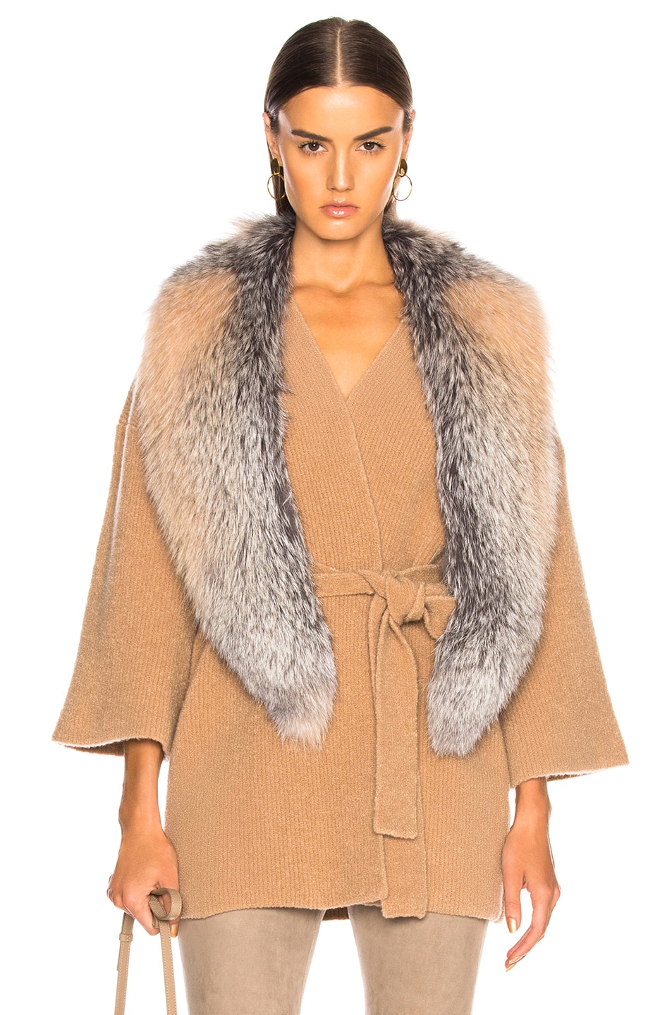 Image 1 of Sally Lapointe Cashmere Silk Boucle Wrap Cardigan with Fox Fur Stole in Khaki