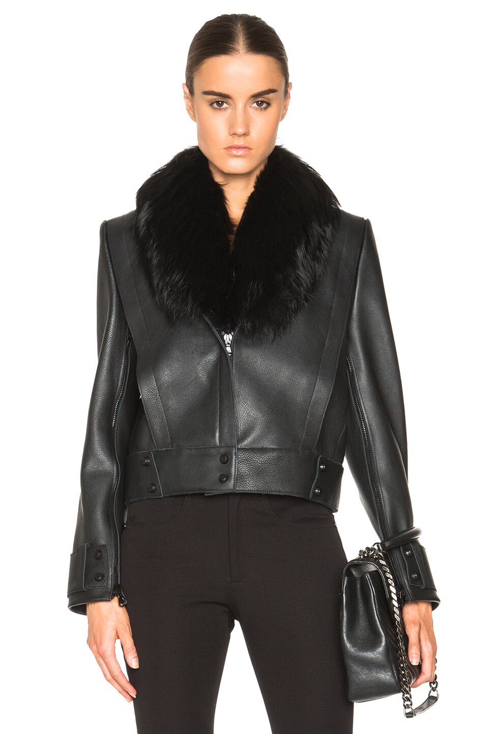 Image 1 of Sally Lapointe Leather & Dyed Silver Fox Bomber in Black