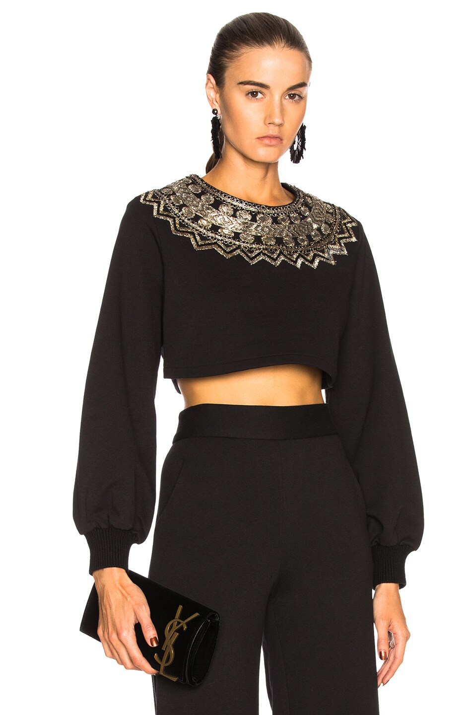 Image 1 of Sally Lapointe Cropped Metallic Embroidered Sweatshirt in Black