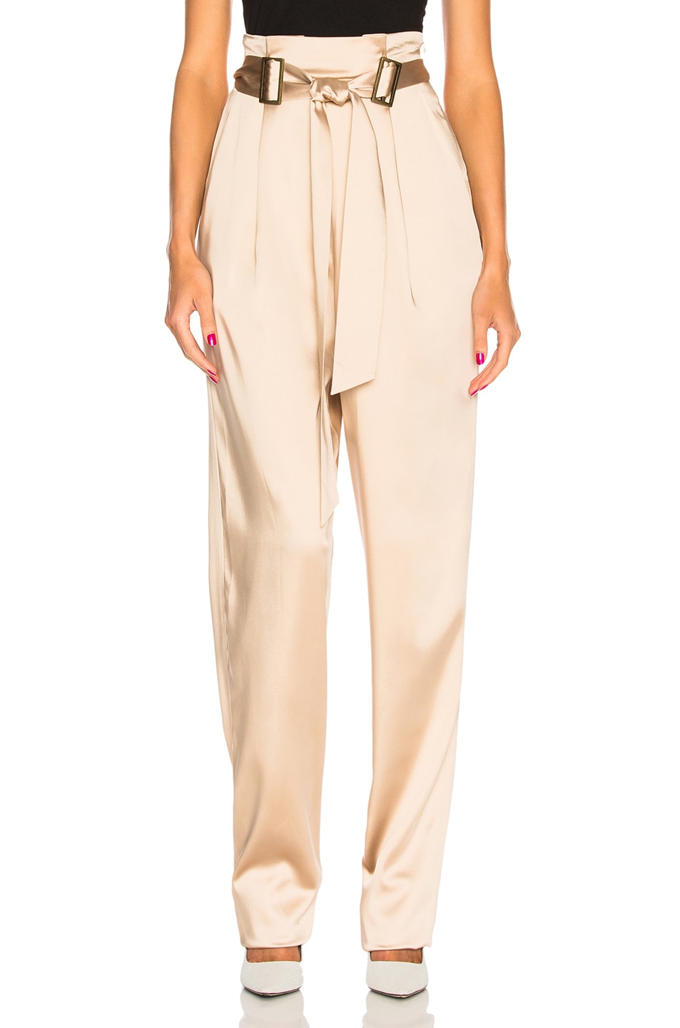 Image 1 of Sally Lapointe Stretch Satin Belt Tapered Pant in Khaki