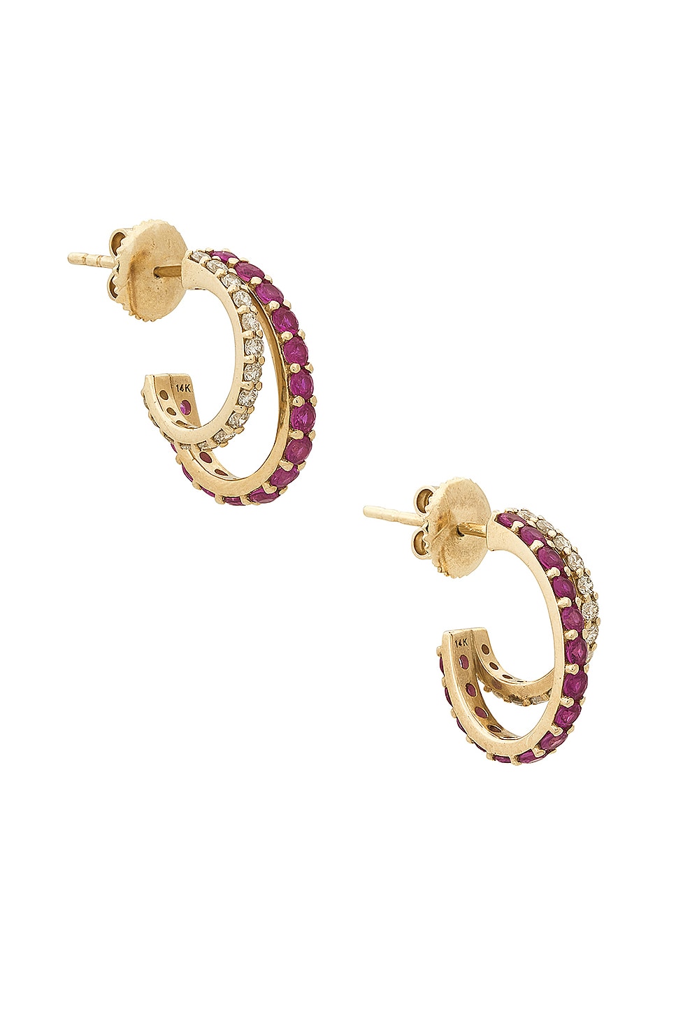 Image 1 of Siena Jewelry Double Huggie Earrings in 14k Yellow Gold, Diamond & Ruby