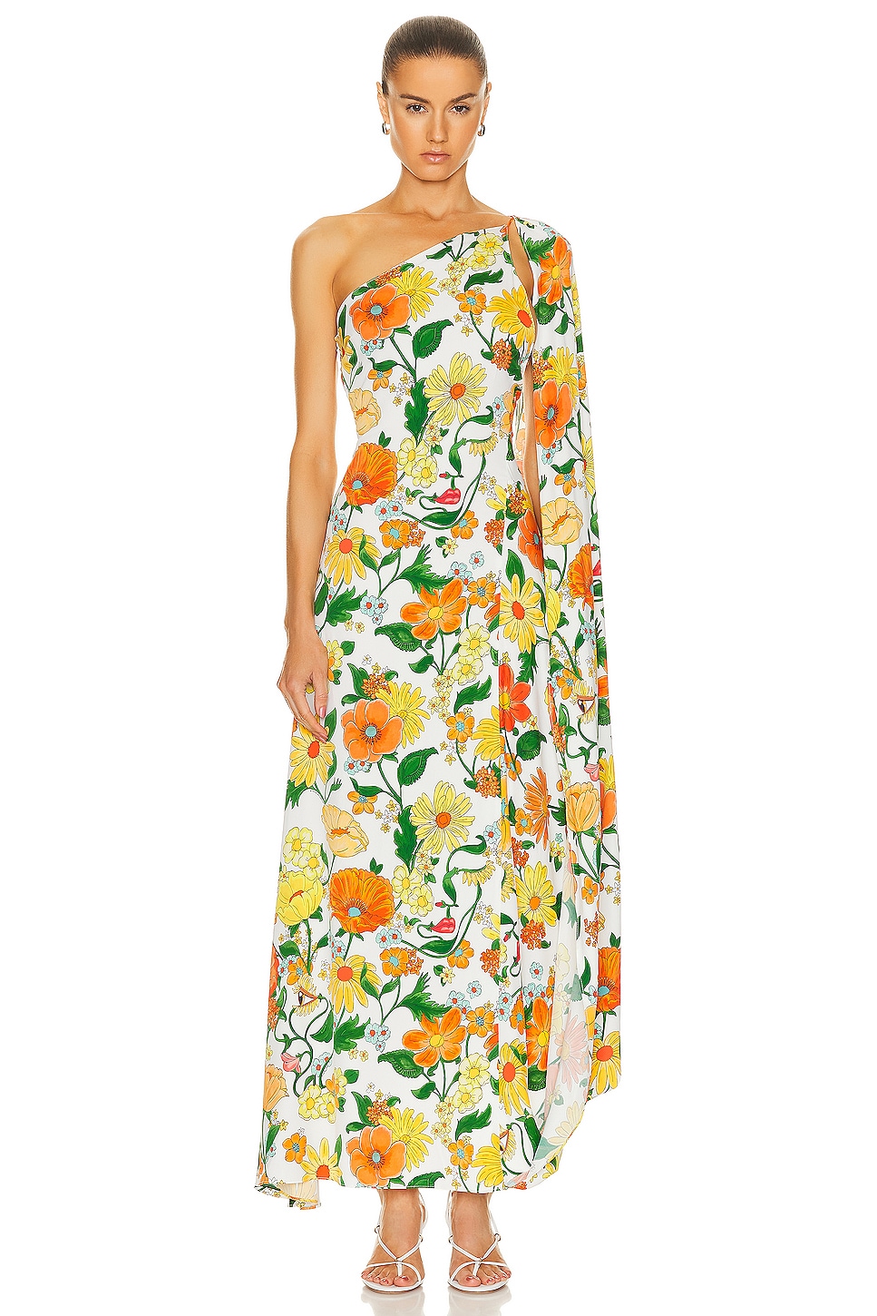 Image 1 of Stella McCartney Garden Print One Shoulder Cape Dress in Multicolor Orange