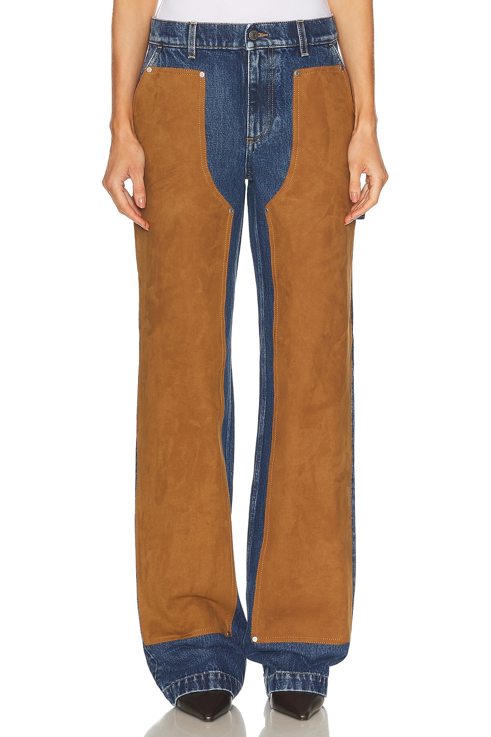 Denim & Suede Jeans in Blue,Tan