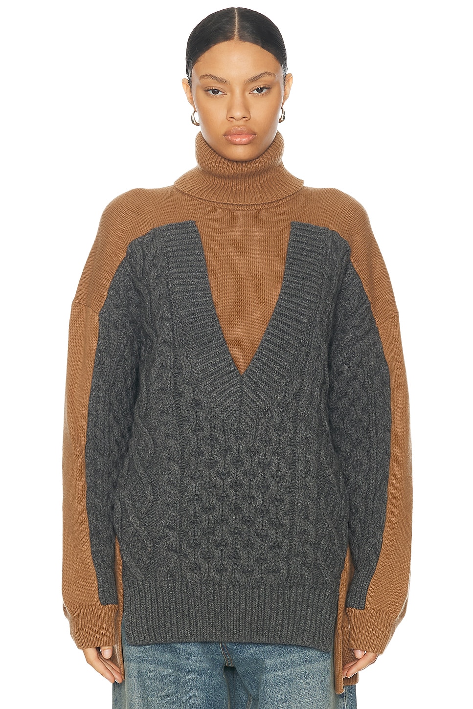 Image 1 of Stella McCartney Oversized Paneled Cable Turtleneck Sweater in Camel & Grey