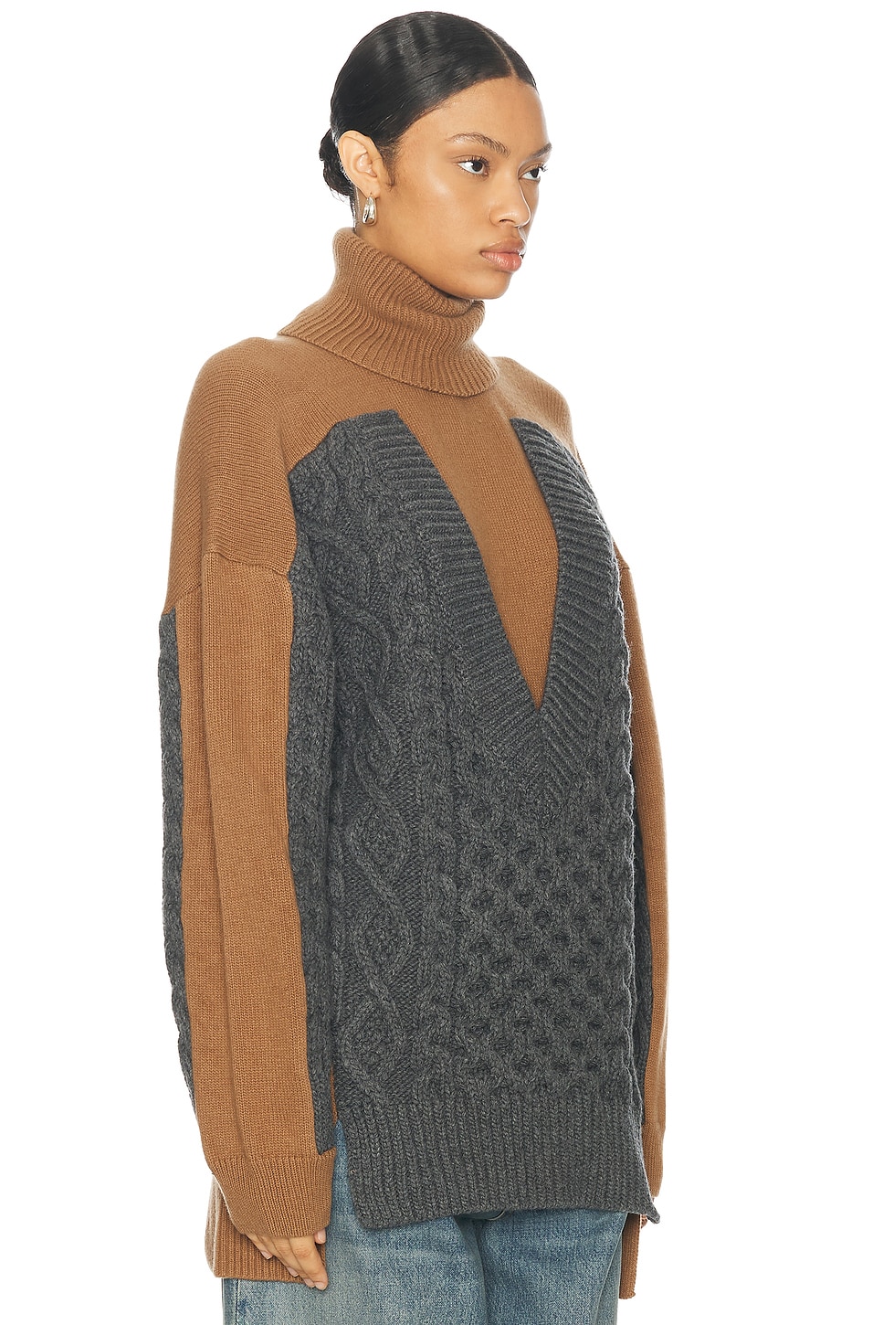 Shop Stella Mccartney Oversized Paneled Cable Turtleneck Sweater In Camel & Grey