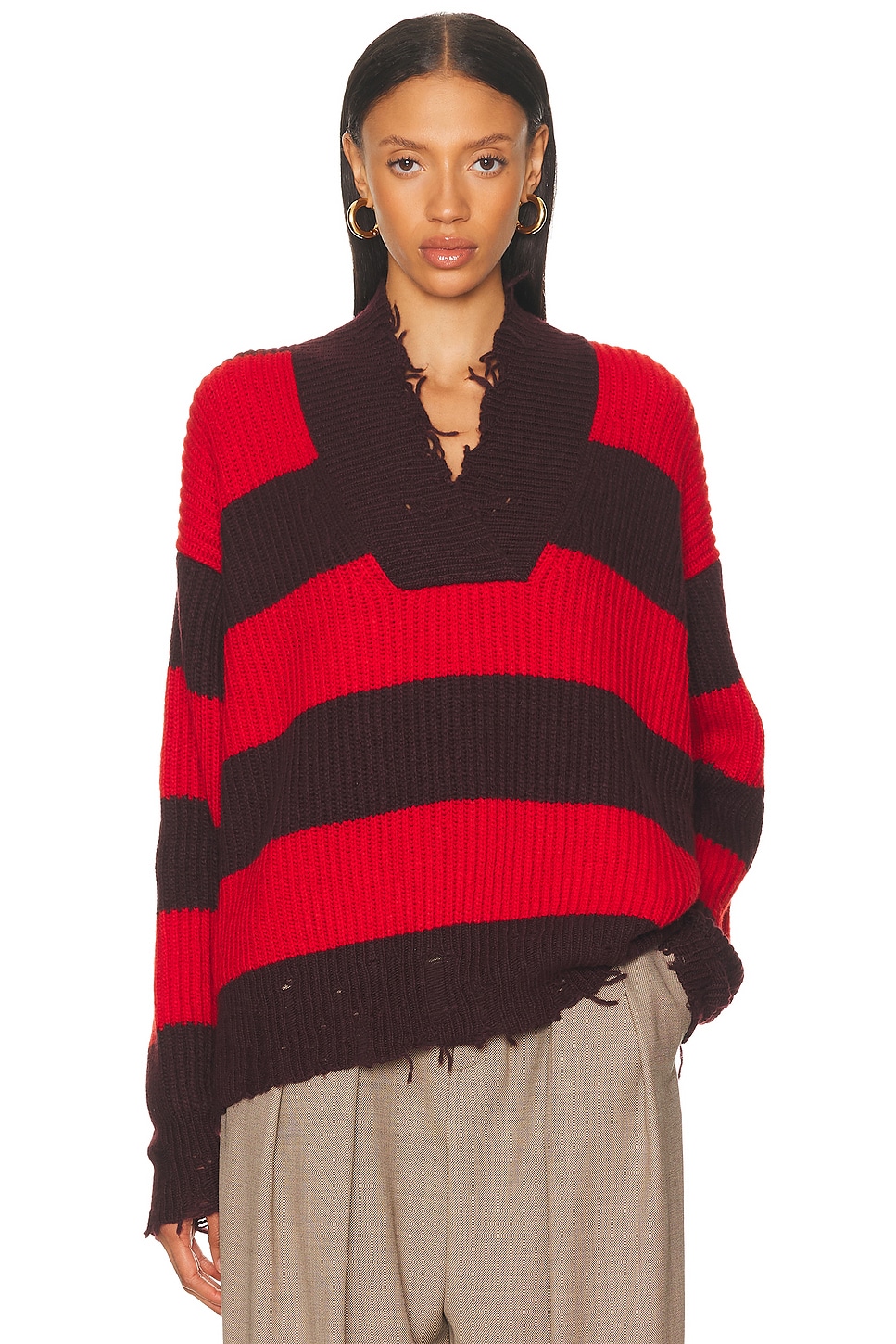 Sporty Stripe V Neck Jumper in Burgundy,Red