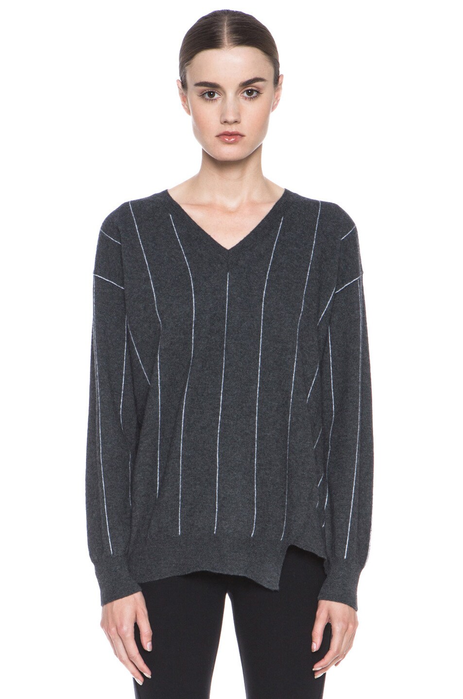 Image 1 of Stella McCartney Pinstripe Wool V Neck Sweater in Charcoal