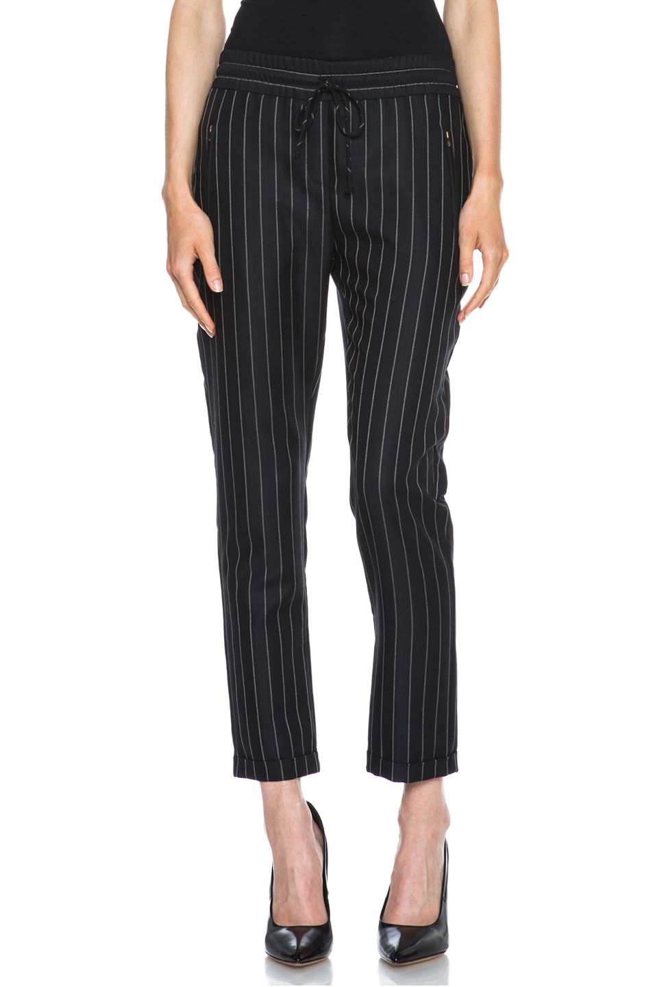 Image 1 of Stella McCartney Taylor Pinstripe Drawstring Wool-Blend Trousers in Black & Cream