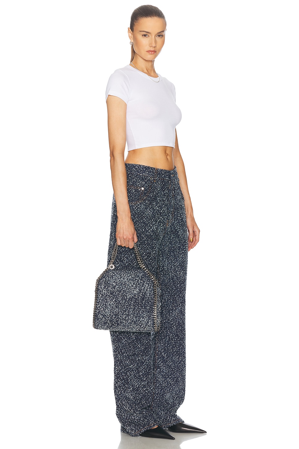 Shop Stella Mccartney Mini Denim Tweed Falabella Tote Bag In Ink