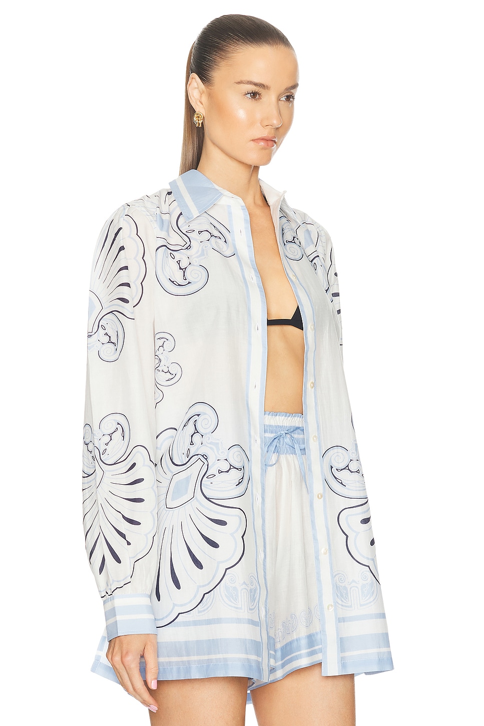 Shop Shani Shemer Vanessa Long Shirt In Blue Sky Flowers