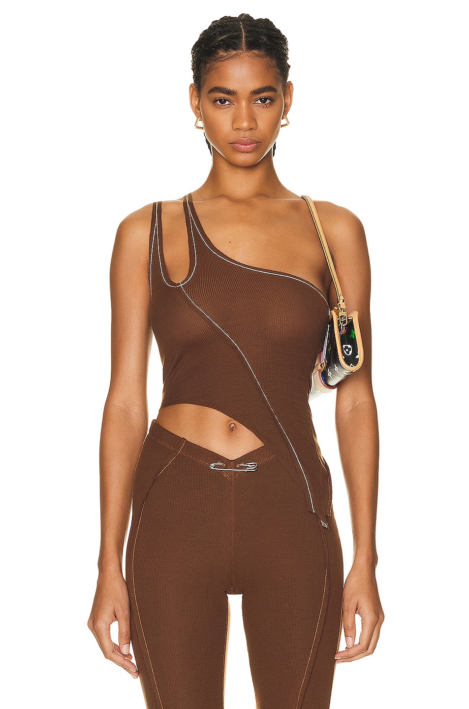 Image 1 of SAMI MIRO VINTAGE Asymmetric One Shoulder Tank Top in Double Dyed Brown