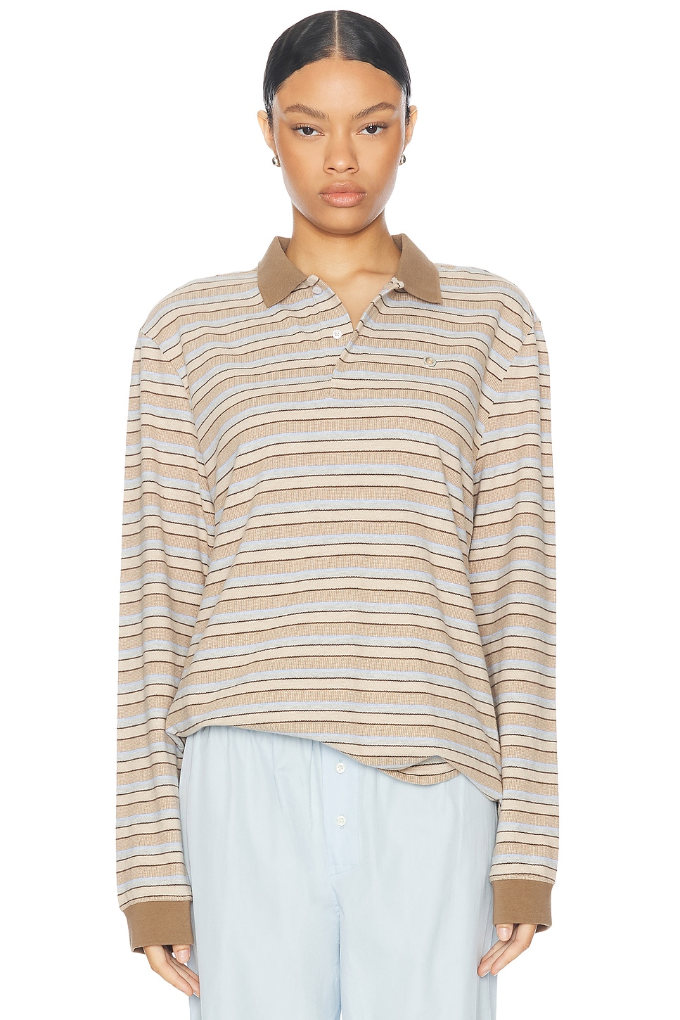 Image 1 of Saks Potts Serena Polo Shirt in Brown Shadow Stripe