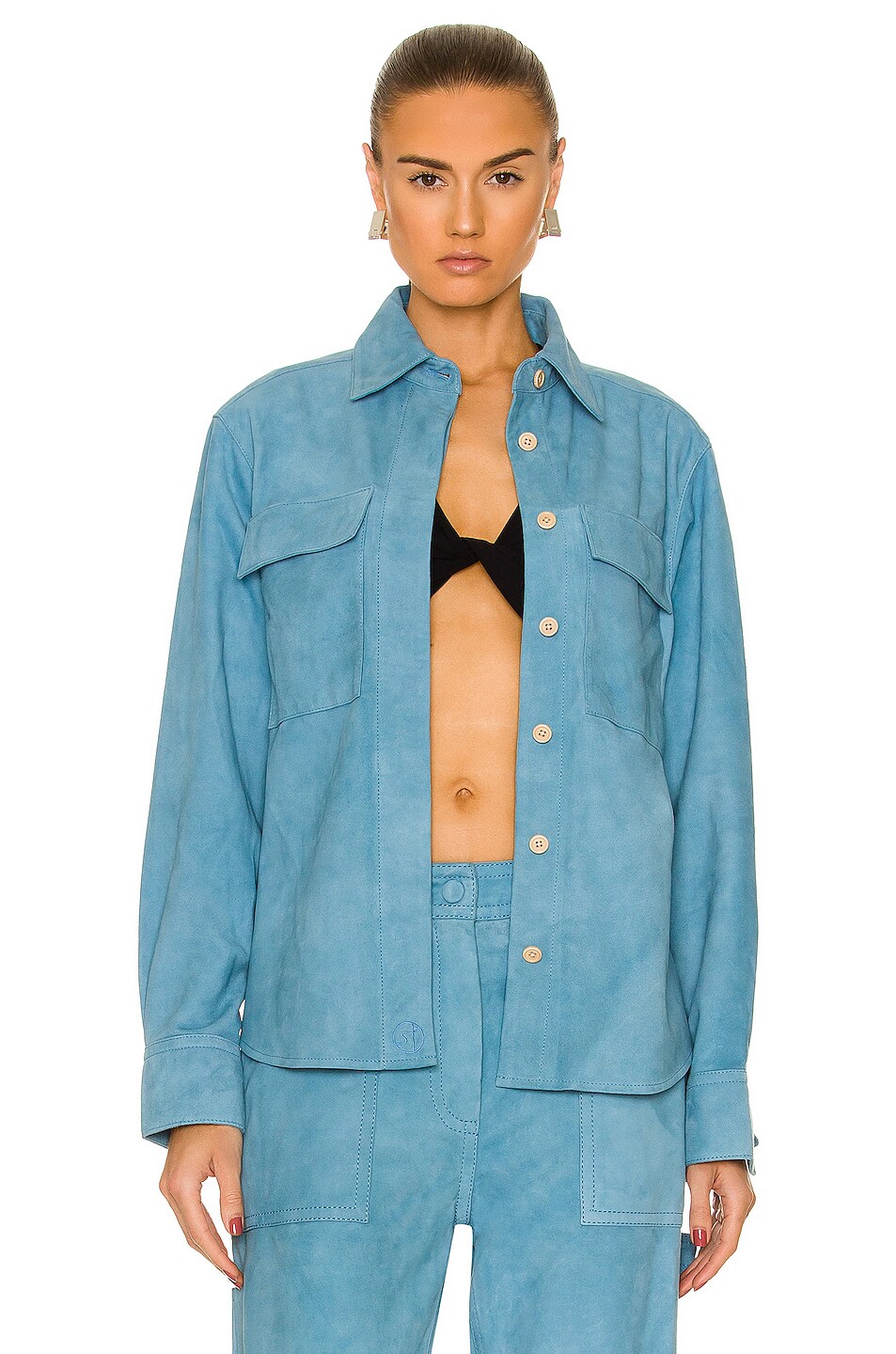 Image 1 of Saks Potts Monica Suede Shirt in Stone Blue