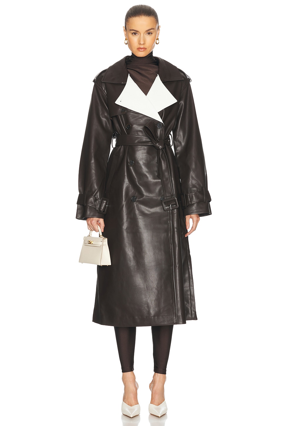 Estelle Vegan Leather Trench Coat in Brown