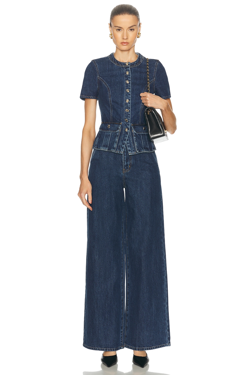 Image 1 of self-portrait Denim Buttoned Jumpsuit in Blue