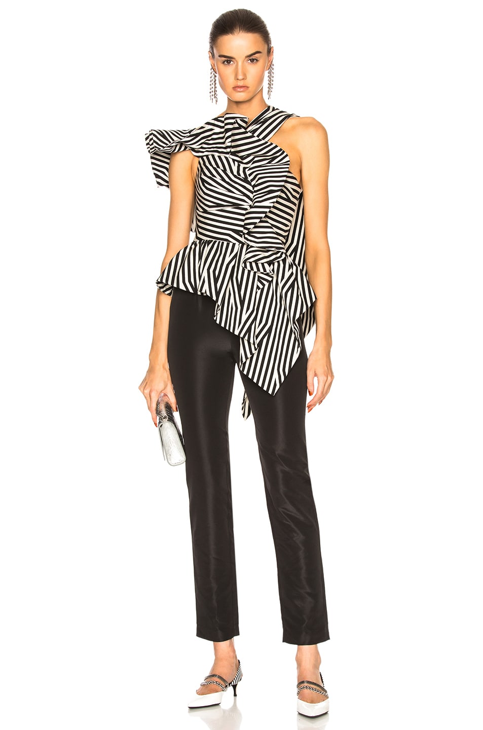Image 1 of self-portrait Asymmetric Stripe Ruffle Jumpsuit in Black & White