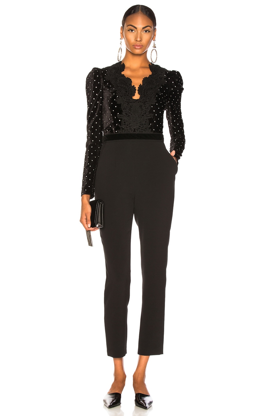 Image 1 of self-portrait Lace Trimmed Velvet Diamante Jumpsuit in Black