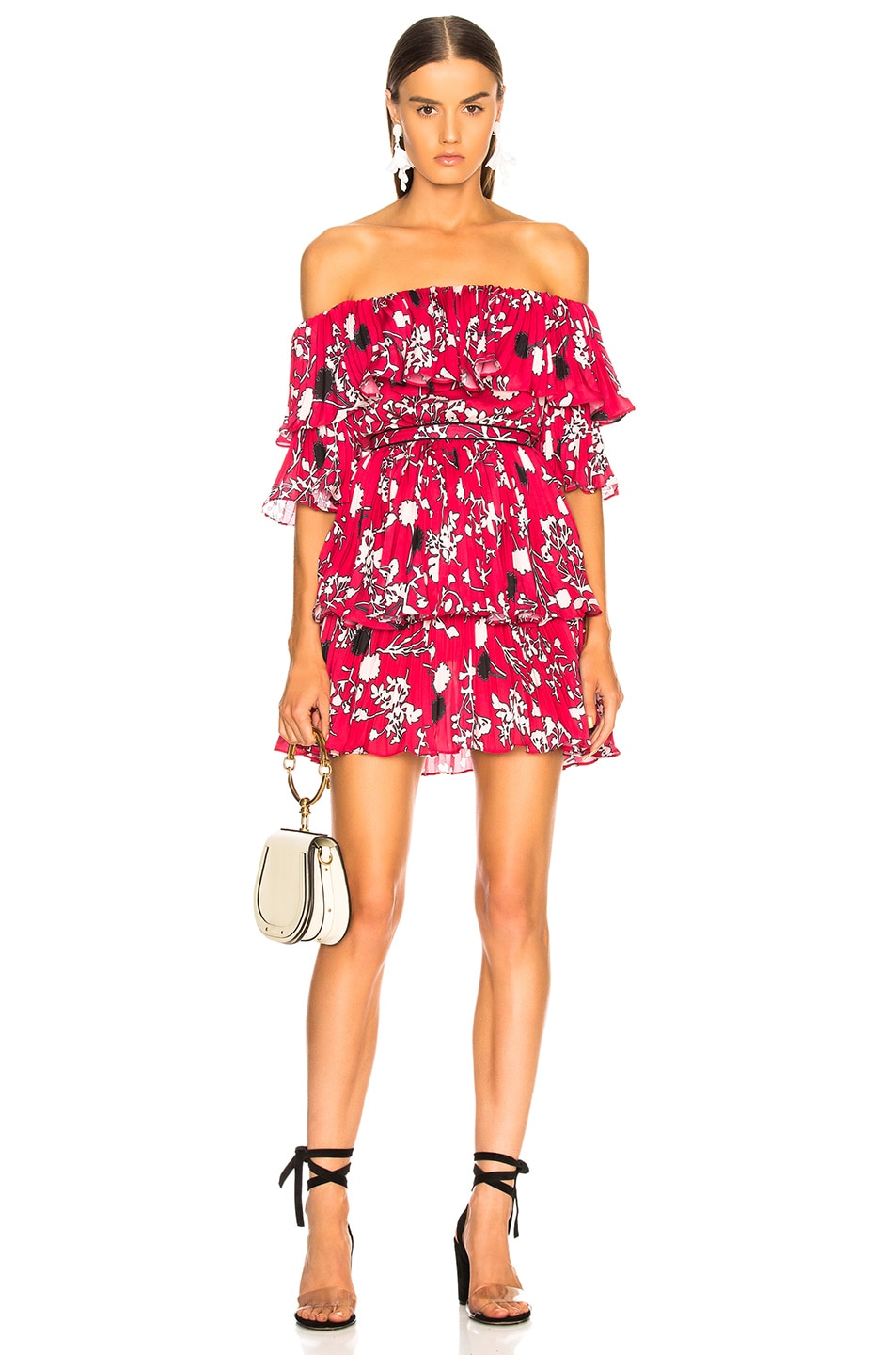 Image 1 of self-portrait Off Shoulder Pleated Floral Mini Dress in Red