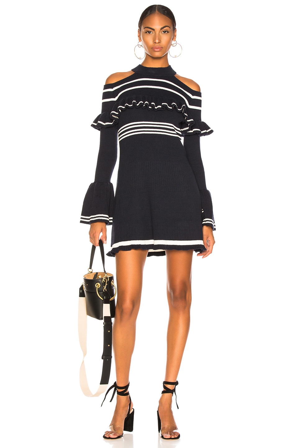 Image 1 of self-portrait Striped Frill Knit Dress in Navy & Ivory