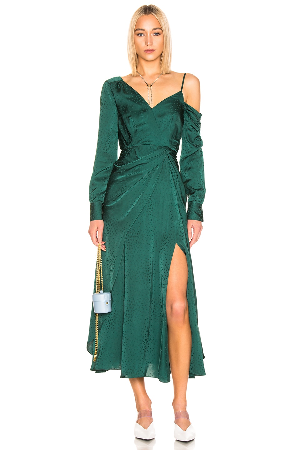 Image 1 of self-portrait Asymmetric Jacquard Dress in Green