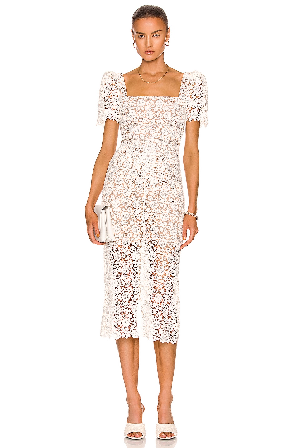 Image 1 of self-portrait Floral Guipure Midi Dress in Ivory