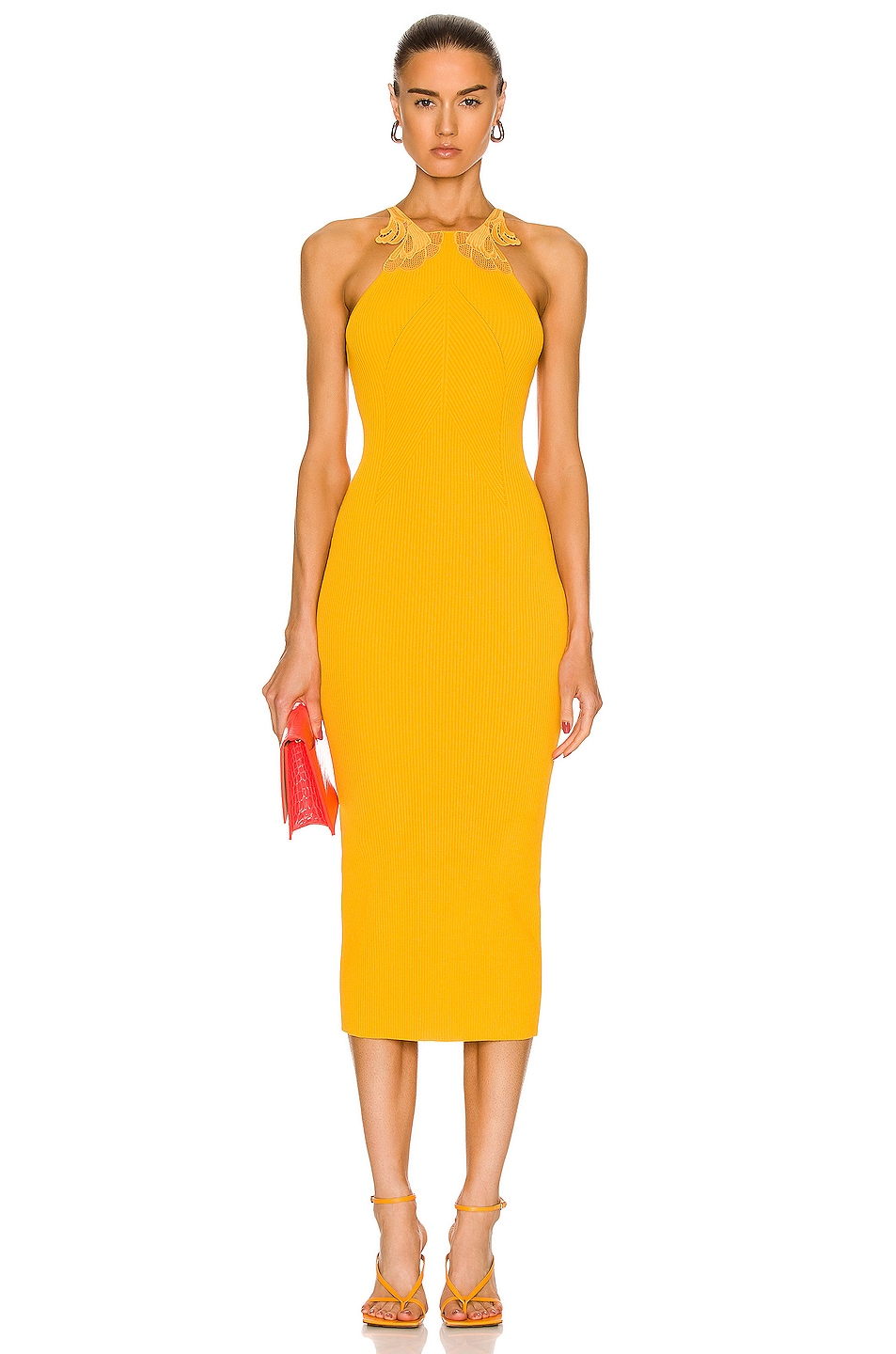 Image 1 of self-portrait Inserted Lace Knit Dress in Canary Yellow