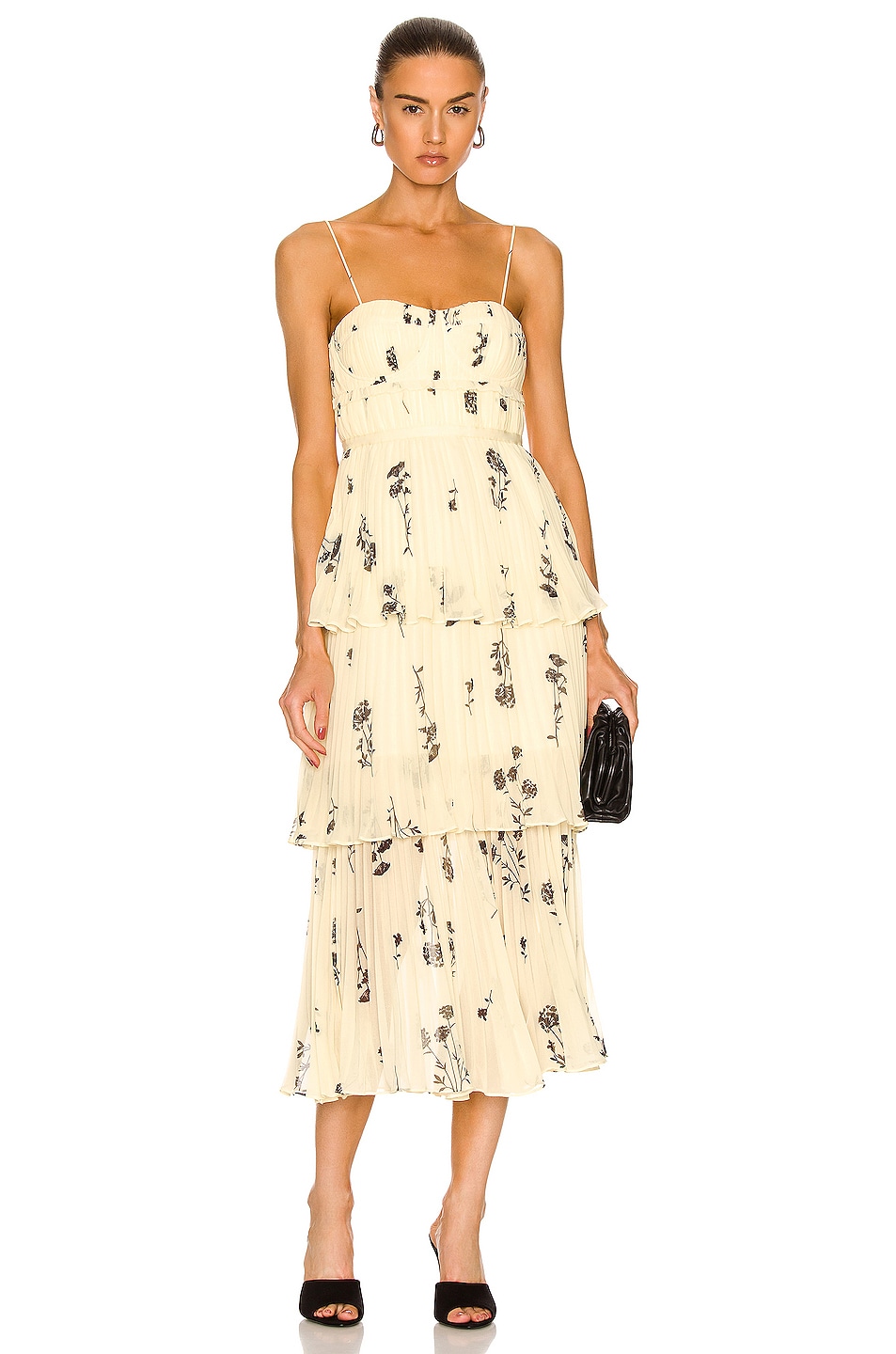 Image 1 of self-portrait Floral Silhouette Tiered Midi Dress in Pastel Yellow