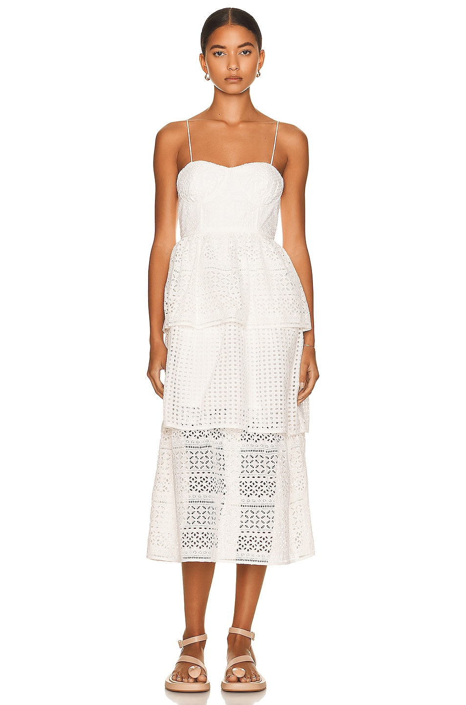 Image 1 of self-portrait Cotton Broderie Anglaise Midi Dress in White