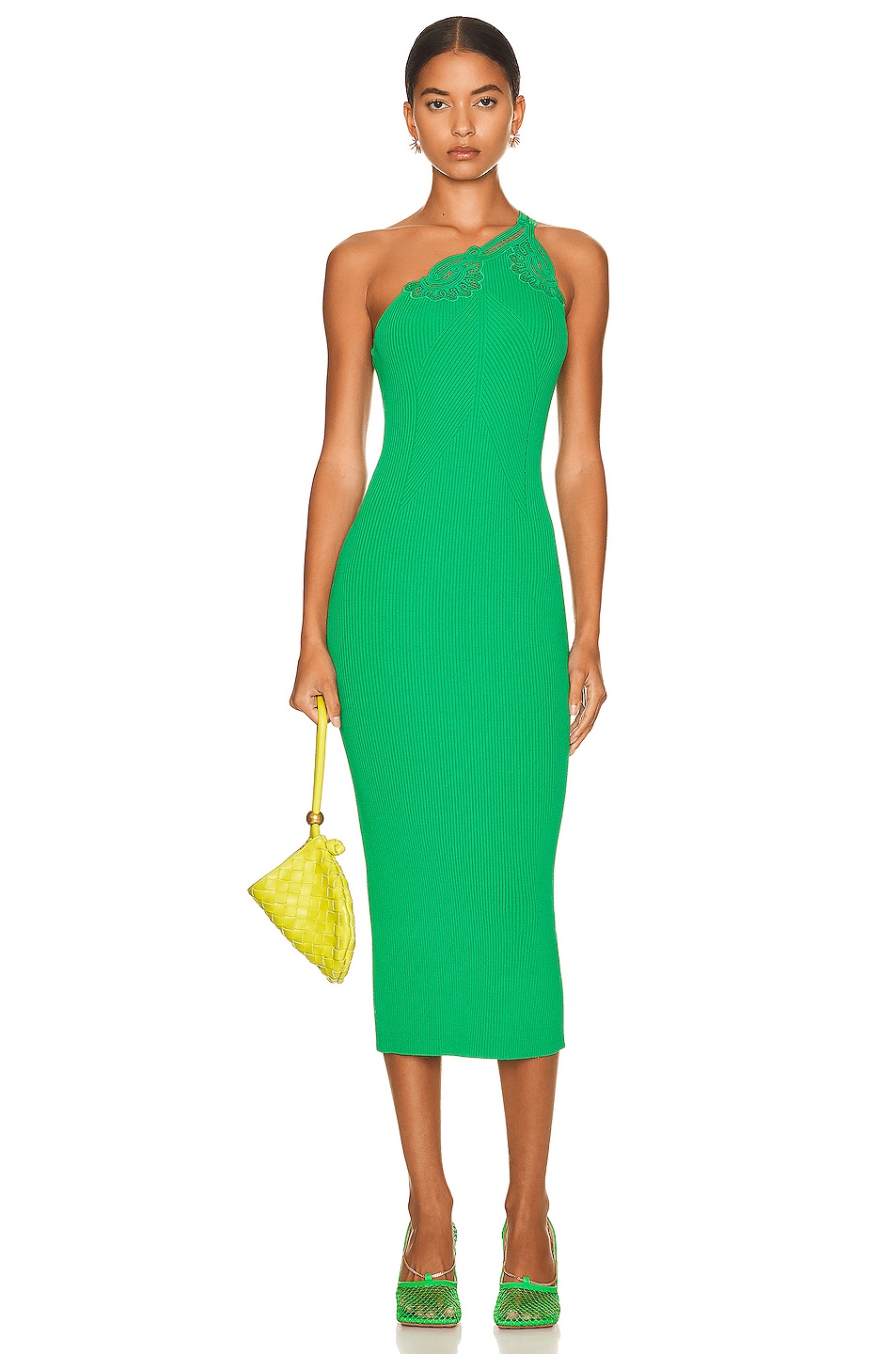 Image 1 of self-portrait One Shoulder Ribbed Knit Midi Dress in Bright Green