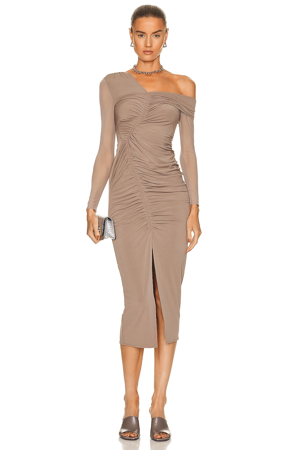 Image 1 of self-portrait Jersey One Shoulder Ruched Midi Dress in Taupe