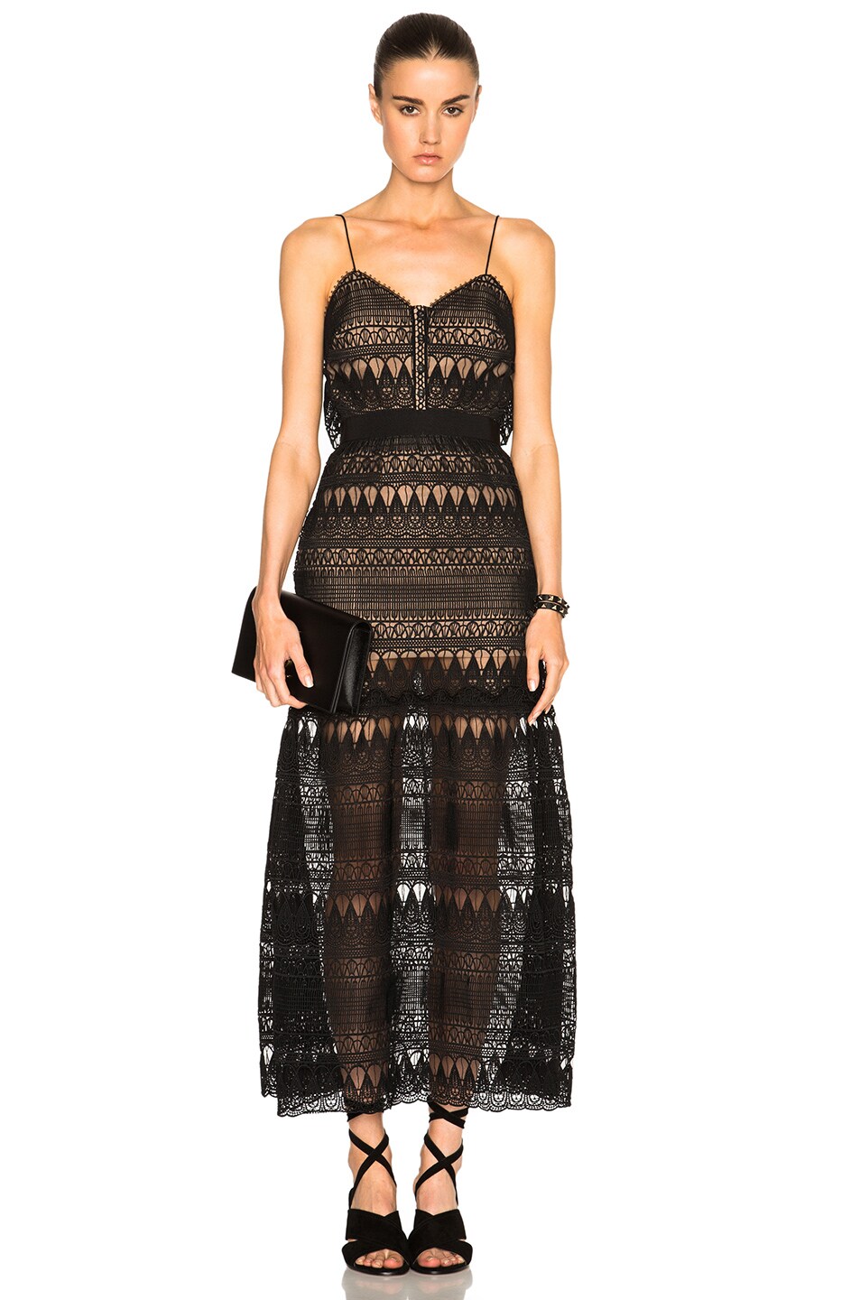 Image 1 of self-portrait Full Teardrop Guipere Patterned Dress in Black & Nude