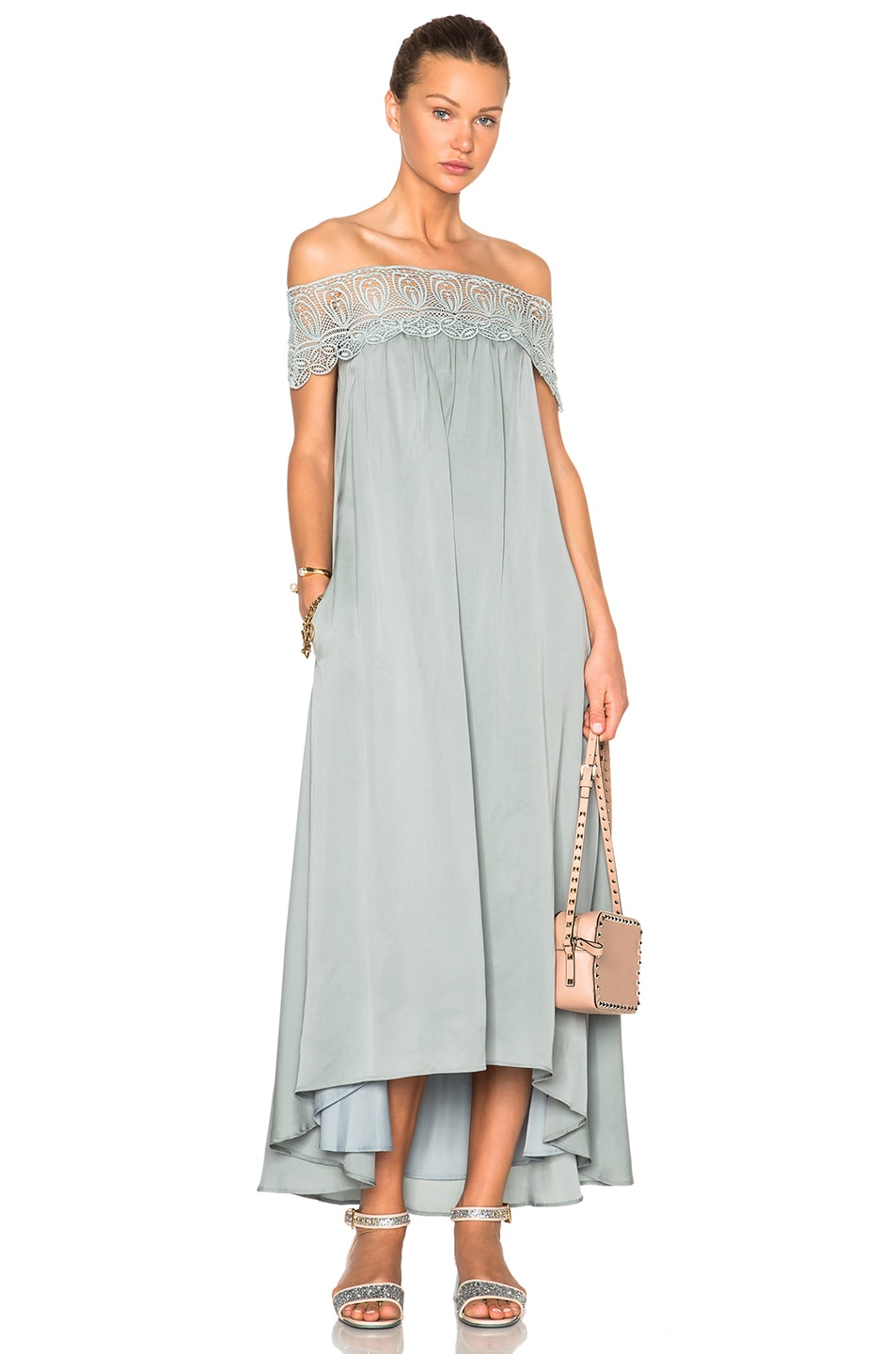 Image 1 of self-portrait Lace Shoulder Maxi Dress in Ice Grey