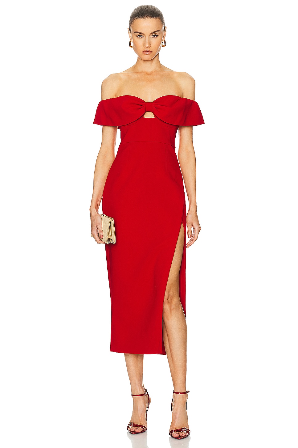 Image 1 of self-portrait Crepe Bow Midi Dress in Red