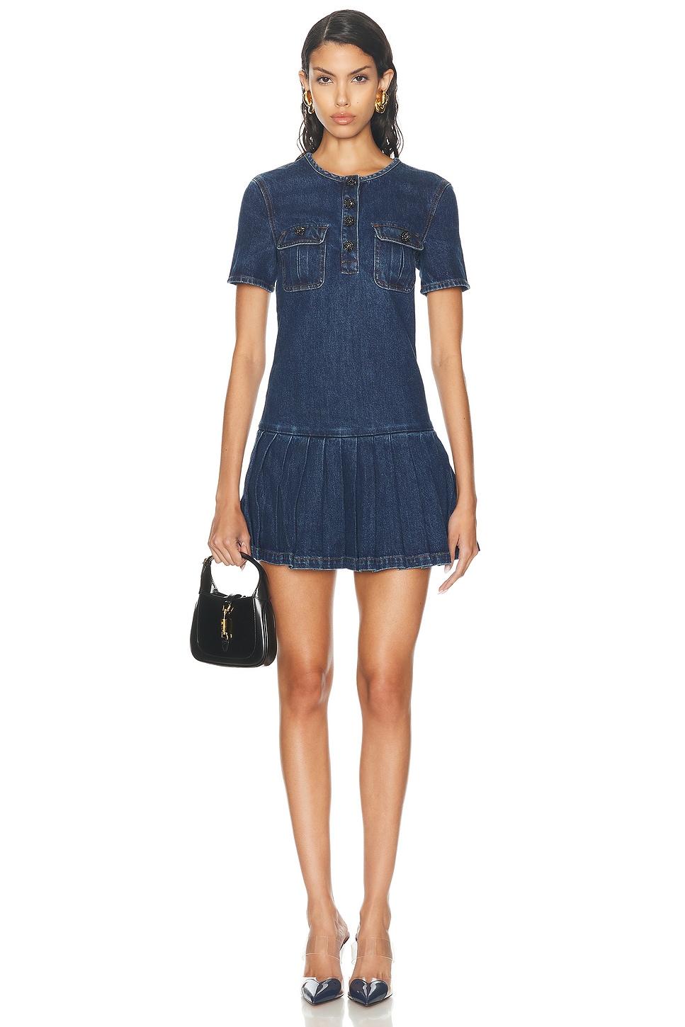 Image 1 of self-portrait Pleated Denim Mini Dress in Blue