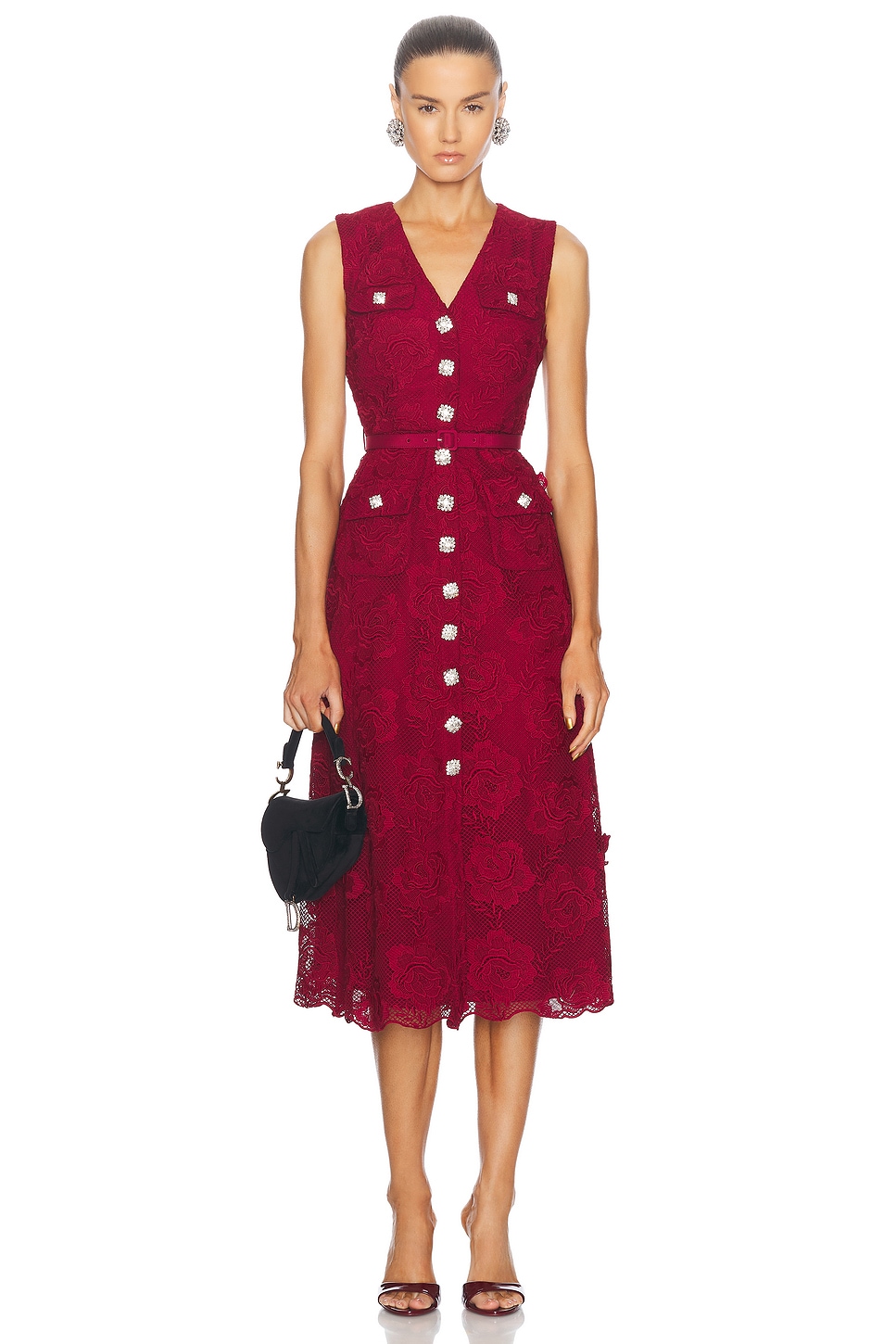 Image 1 of self-portrait Lace Buttoned Midi Dress in Burgundy