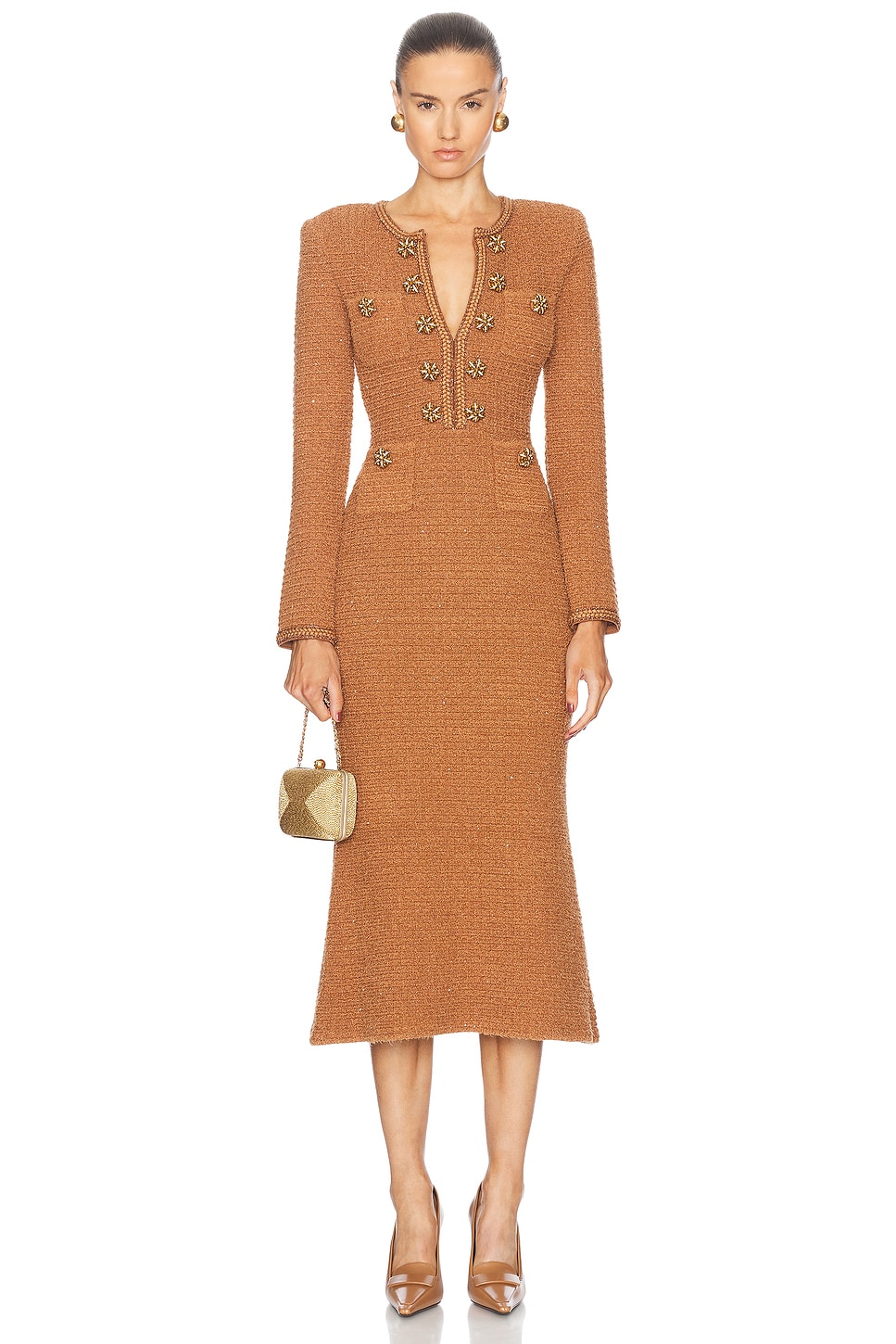 Image 1 of self-portrait Textured Knit Midi Dress in Brown