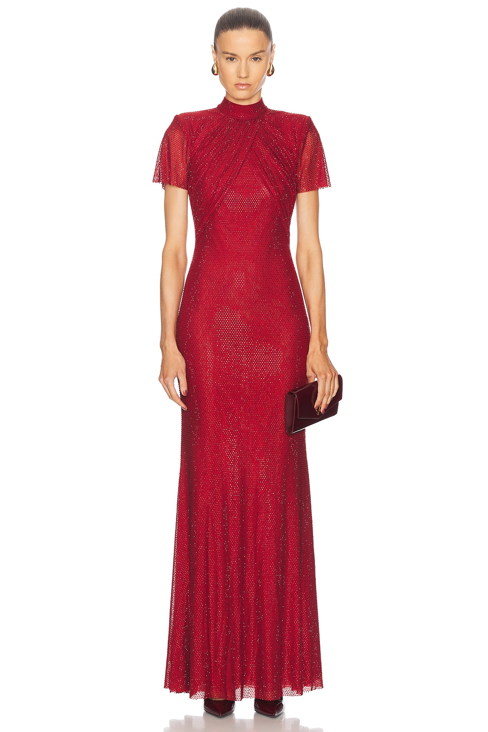 Image 1 of self-portrait Rhinestone Mesh Maxi Dress in Red