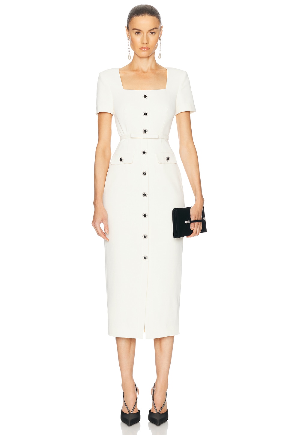 Image 1 of self-portrait Crepe Button Midi Dress in Cream