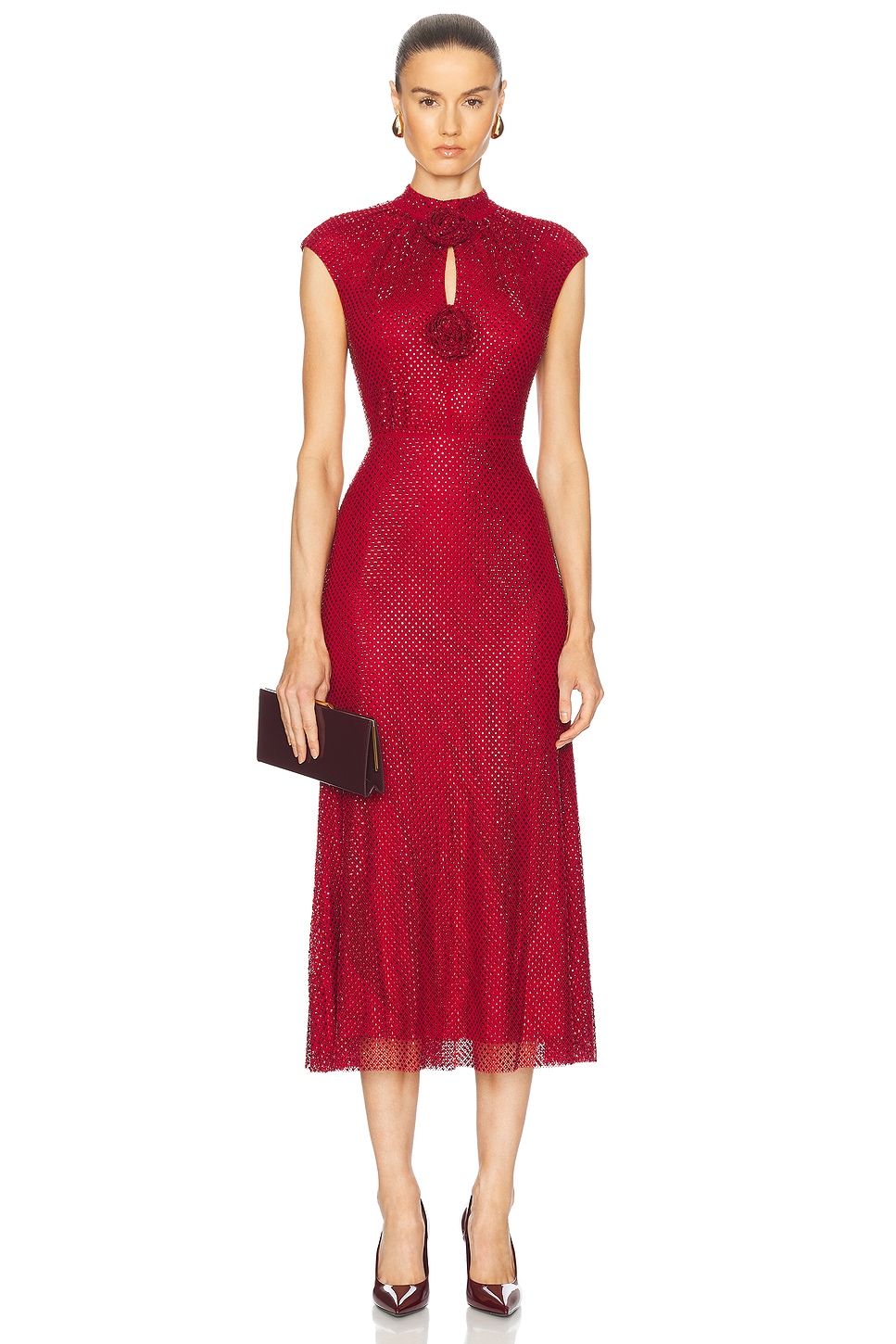 Image 1 of self-portrait Rhinestone Fishnet Midi Dress in Red