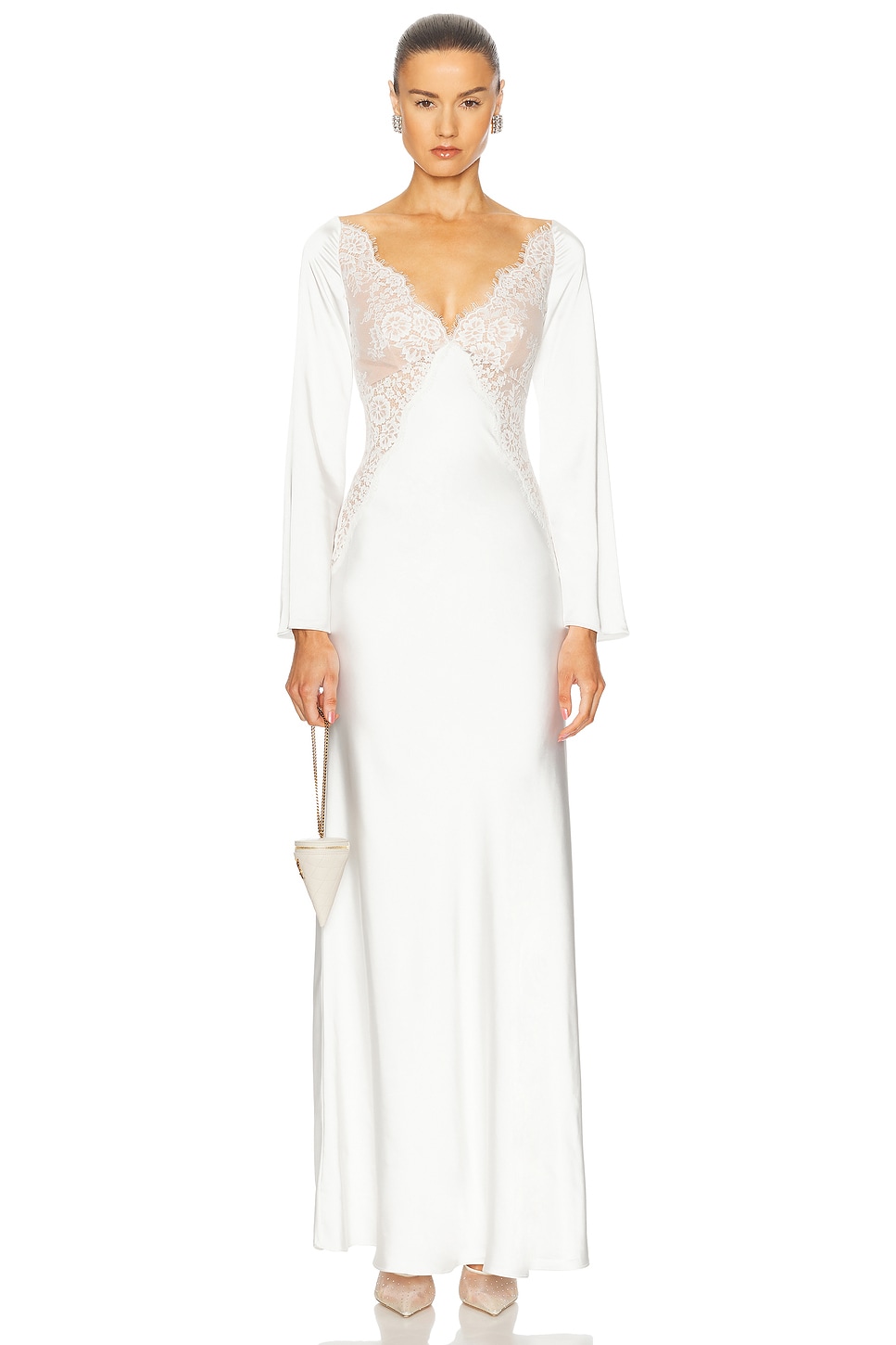 Image 1 of self-portrait x Christopher Kane Lace Satin Long Sleeve Maxi Dress in White