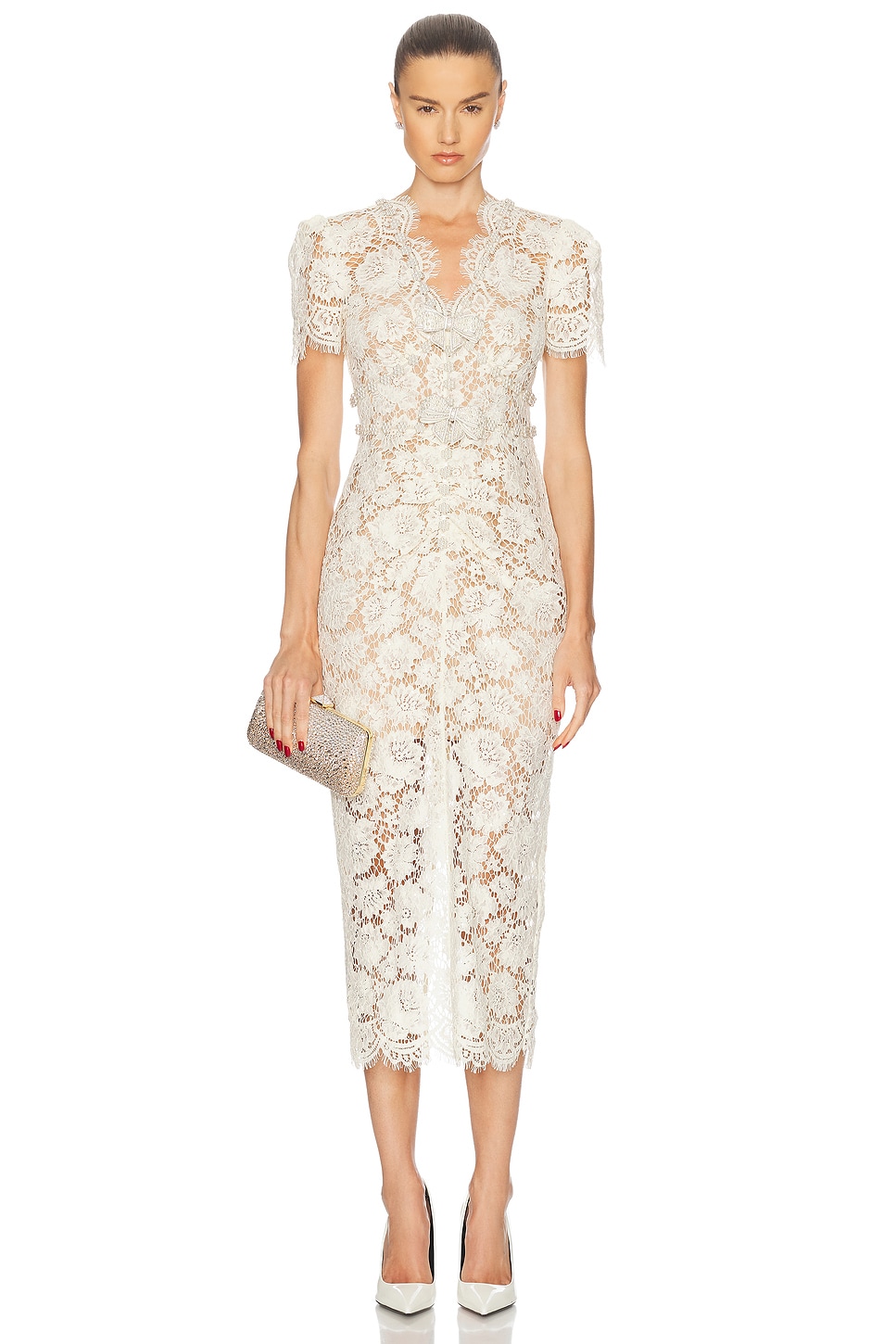 Image 1 of self-portrait Fine Lace Pearl Midi Dress in Cream